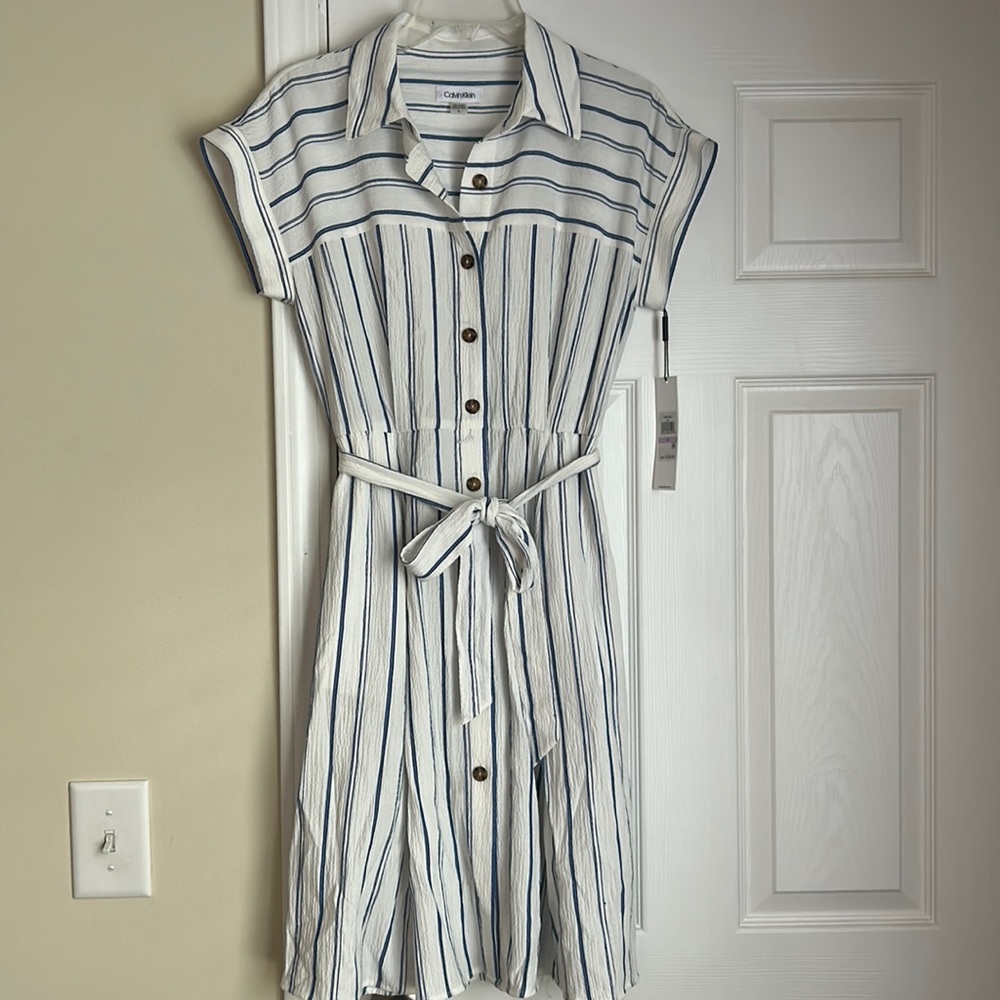 Calvin Klein Blue and White Striped Midi Dress